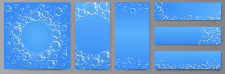 Soap bubble on blue background. Banners of transparent foam bubble, great design for social media and print.のイラスト素材