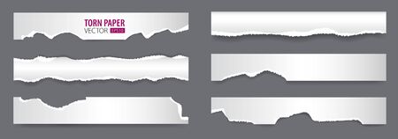 Papers strips with torn edges. Pieces of ripped white paper and soft shadow for web and print.のイラスト素材
