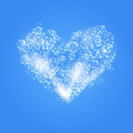 Heart of foam soap with bubbles isolated vector illustration on blue background. Heart of soap foam lather vector illustration.のイラスト素材