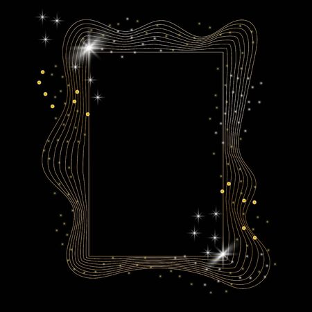 Golden sparkling rectangle with golden glitter isolated on black background.のイラスト素材