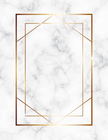 Marble background with gold geometric frame. Luxury template for wedding invitation cards with white marble texture and golden geometric pattern.のイラスト素材