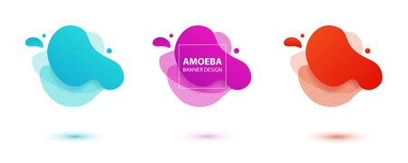 Amoeba liquid design. Dynamical colored forms of amoeba. Modern banner template for  flyer, presentation design. Yellow, red, blue colorsのイラスト素材