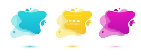 Amoeba liquid design. Dynamical colored forms of amoeba. Modern banner template for logo, flyer, presentation design. Yellow, red, blue colors.のイラスト素材