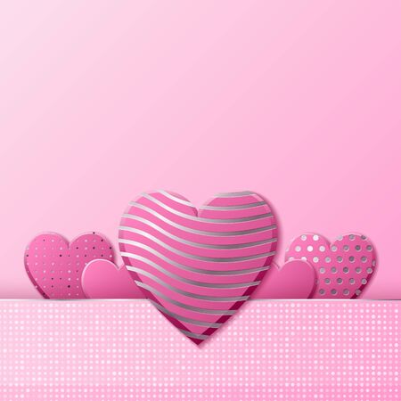 Valentines Day background with pink hearts and silver pattern. Silver luxury cover on roseate background. Pink holidays poster, card, add, header, website, article for valentines day.のイラスト素材