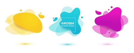 Amoeba liquid design. Dynamical colored forms of amoeba. Modern banner template for logo, flyer, presentation design. Yellow, red, blue colors.のイラスト素材
