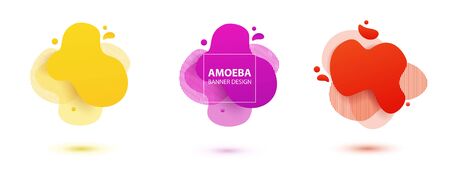 Amoeba liquid design. Dynamical colored forms of amoeba. Modern banner template for logo, flyer, presentation design. Yellow, red, blue colors.のイラスト素材