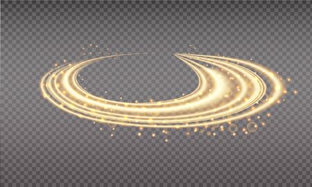 Golden swoosh, magic wave. Gold trail isolated on transparent background. Luminescent waved trail with bright bokeh and sparkles. Swoosh with stradust.のイラスト素材