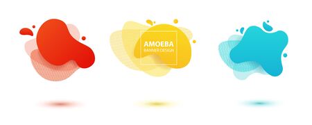 Amoeba liquid design. Dynamical colored forms of amoeba. Modern banner template for flyer, presentation design. Yellow, red, blue colors.のイラスト素材