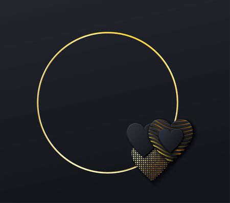 Valentines Day background with black hearts and gold pattern. Gold luxury cover on dark background. Black holidays poster, card, add, header, website, article for valentines dayのイラスト素材
