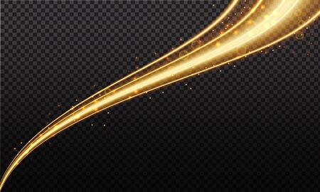 Golden magic wave. Gold trail isolated on transparent background. Luminescent wave with bright bokeh and sparkles.のイラスト素材