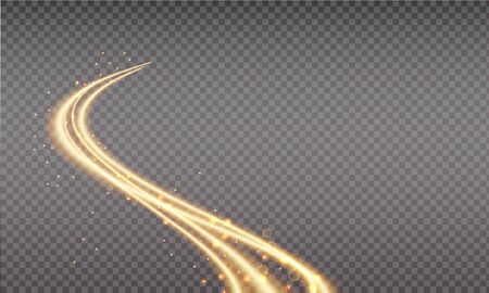 Golden swoosh, magic wave. Gold trail isolated on transparent background. Luminescent waved trail with bright bokeh and sparkles. Swoosh with stradustのイラスト素材