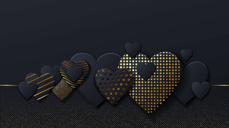 Valentines Day background with black hearts and gold pattern. Gold luxury cover on dark background. Black holidays poster, card, add, header, website, article for valentines day.のイラスト素材