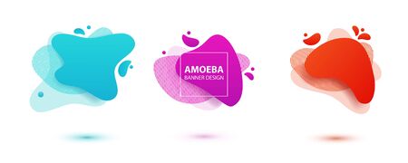 Amoeba liquid design. Dynamical colored forms of amoeba. Modern banner template for logo, flyer, presentation design. Yellow, red, blue colors.のイラスト素材