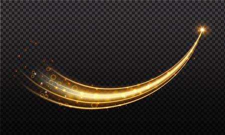 Golden wave whith trail of comet and sparkling gold stardust, effect bokeh. Luminescent wave with bright bokeh and sparkles trail on transparent background for magic design.のイラスト素材
