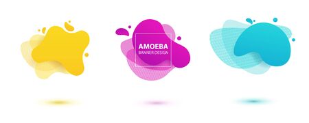 Amoeba liquid design. Dynamical colored forms of amoeba. Modern banner template for logo, flyer, presentation design. Yellow, red, blue colors.のイラスト素材