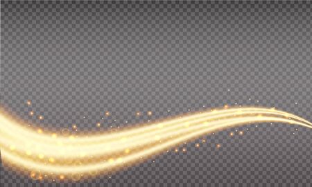 Golden swoosh, magic wave. Gold trail isolated on transparent background. Luminescent waved trail with bright bokeh and sparkles. Swoosh with stradust.のイラスト素材