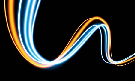 Golden and blue magic wave. Gold trail isolated on dark background. Luminescent waved trail with bright lightsのイラスト素材