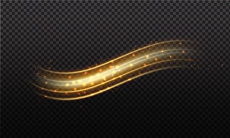 Golden magic wave. Gold trail isolated on transparent background. Luminescent wave with bright bokeh and sparkles.のイラスト素材