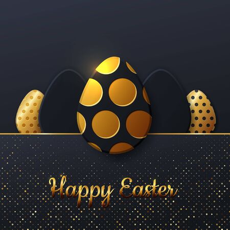Happy easter eggs. Background of golden and black egg with dot patterns, spiral and lines pattern. Gold and dark background for design for cards, posters, invitations for Easterのイラスト素材