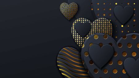 Valentines Day background with black hearts and gold pattern. Gold luxury cover on dark background. Black holidays poster, card, add, header, website, article for valentines dayのイラスト素材
