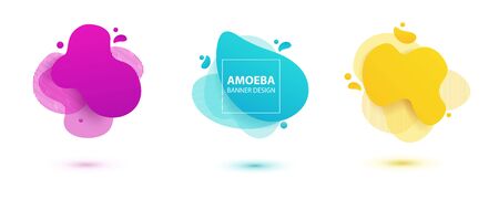 Amoeba liquid design. Dynamical colored forms of amoeba. Modern banner template for logo, flyer, presentation design. Yellow, red, blue colors.のイラスト素材
