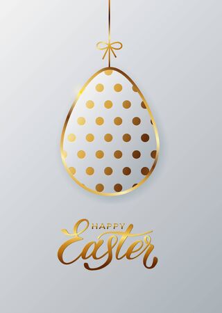 Gold easter egg. Background of golden egg with lettering Happy Easter and dotted pattern on a white background for design for cards, posters, invitations.のイラスト素材