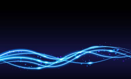 Blue swoosh neon wave over dark background. Shimmering waves with light effect and star dust trail. Blue swoosh design for web and printのイラスト素材