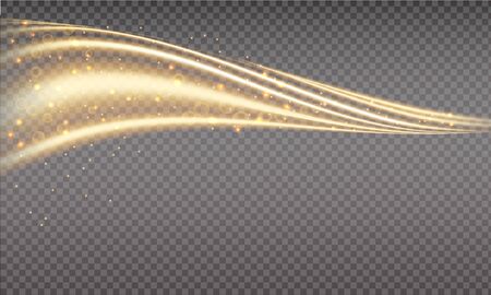Golden swoosh, magic wave. Gold trail isolated on transparent background. Luminescent waved trail with bright bokeh and sparkles. Swoosh with stradustのイラスト素材