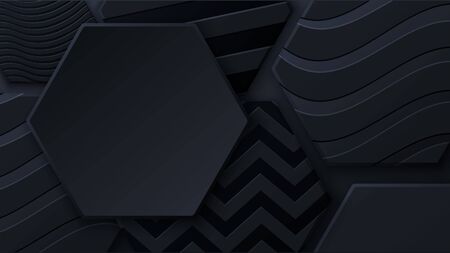 Black honeycomb tiles. Hexagon geometry pattern. Minimal black background of honeycomb for modern cover, ad baner, web.のイラスト素材