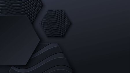 Black honeycomb tiles. Hexagon geometry pattern. Minimal black background of honeycomb for modern cover, ad baner, web.のイラスト素材