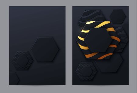 Black honeycomb tiles. Brochure cover. Hexagon geometry pattern. Minimal black background of honeycomb for modern cover, ad baner, web.のイラスト素材