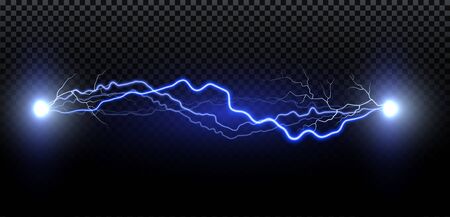 Realistic lightning. Thunder spark light on transparent background. Illuminated realistic path of thunder and many sparks. Bright curved line.のイラスト素材