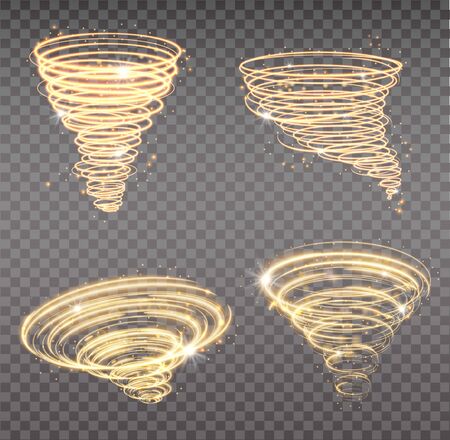 Golden tornado, swirling storm cone of stardust sparkles on transparent background. Golden spiral with light effect. Set of magical stardust tornado, light hurricane.の写真素材