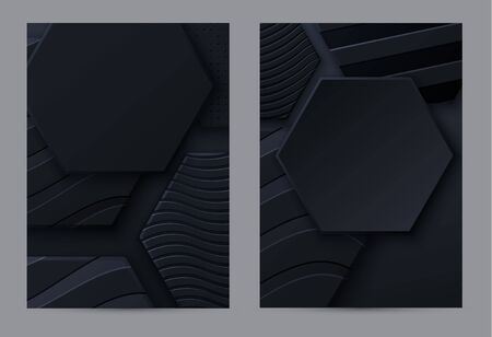 Black honeycomb tiles. Brochure cover. Hexagon geometry pattern. Minimal black background of honeycomb for modern cover, ad baner, web.のイラスト素材