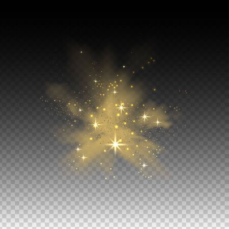 Stardust cloud, swoosh, glitter powder spray with star and particles of dust on transparent background. Realistic vector illustration.のイラスト素材