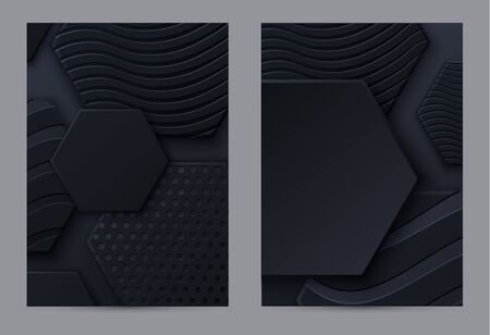 Black honeycomb tiles. Brochure cover. Hexagon geometry pattern. Minimal black background of honeycomb for modern cover, ad baner, webのイラスト素材