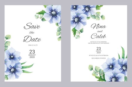 Watercolor anemone and eucapyptus wedding invitation. Set with invitation and Save the date card on white marble background. Wedding set.の写真素材