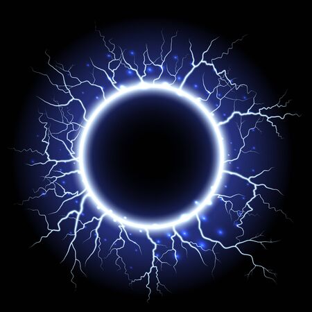 Lightning strikes and sparks, electrical energy on transparent background. Lightning flash and spark. Vector neural cells system.の写真素材