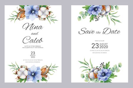 Watercolor cotton and blue anemone wedding invitation. Set with invitation and Save the date card on white marble background. Wedding set.の写真素材