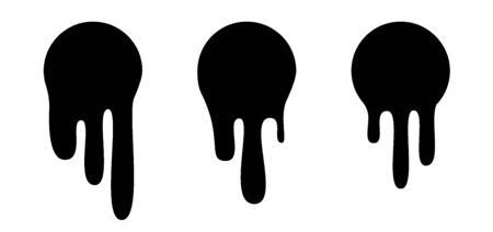 Melt drip stickers or circle labels. Vector liquid drops icons for graffiti blob stickers. Black liquid or melted chocolate drips, current paint.のイラスト素材
