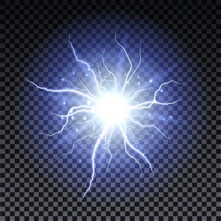 Lightning strikes and sparks, electrical energy on transparent background. Lightning flash and spark. Vector neural cells system.の写真素材