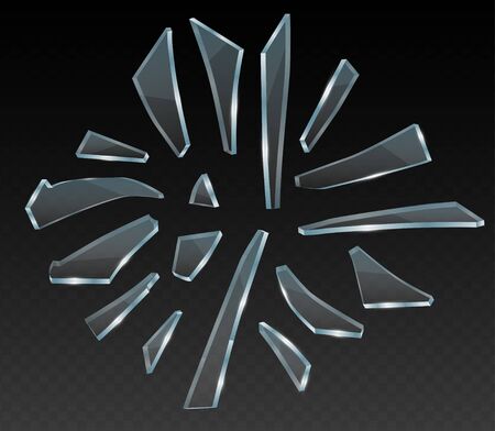 Broken glass shards, splinter of glass, vector realistic clip art on transparent background. Pieces of different shapes and splinters.のイラスト素材