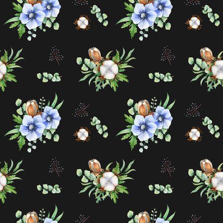 Seamless pattern of anemone with eucalyptus and cotton flowers for fabric, wedding invitation, card backgrounds.の写真素材