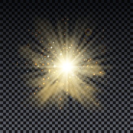 Golden burst with sparkle rays and lens flare effect. Glowing stars. Golden glitter bokeh lights and burst of magical dust particles. Vector illustration.のイラスト素材