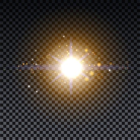 Golden burst with sparkle rays and lens flare effect. Glowing stars. Golden glitter bokeh lights and burst of magical dust particles. Vector illustration.のイラスト素材