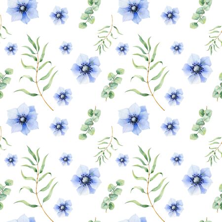 Seamless pattern of anemone with eucalyptus for fabric, wedding invitation, card backgrounds.の写真素材