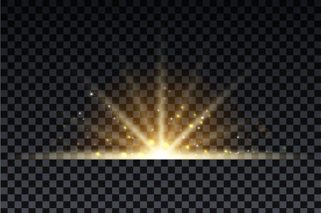 Golden burst with sparkle rays and lens flare effect. Glowing stars. Golden glitter bokeh lights and burst of magical dust particles. Vector illustration.のイラスト素材