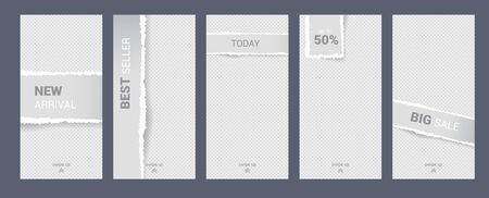 Story template kit with paper torn. Set with paper design for business stories, photographer, blogger. Social media kit template for discount and special offer.のイラスト素材