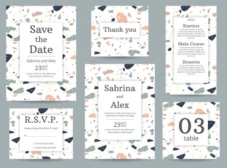 Terrazzo wedding invitation. Set with invitation, Save the date, Thank you card, RSVP, menu and table number on peach and green terrazzo background. Wedding set.のイラスト素材