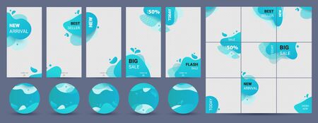 Social media template. Set with blue liquid abstract design for stories, square banners and circle badge. Social media pack template for discount and special offer.Vector illustration.のイラスト素材